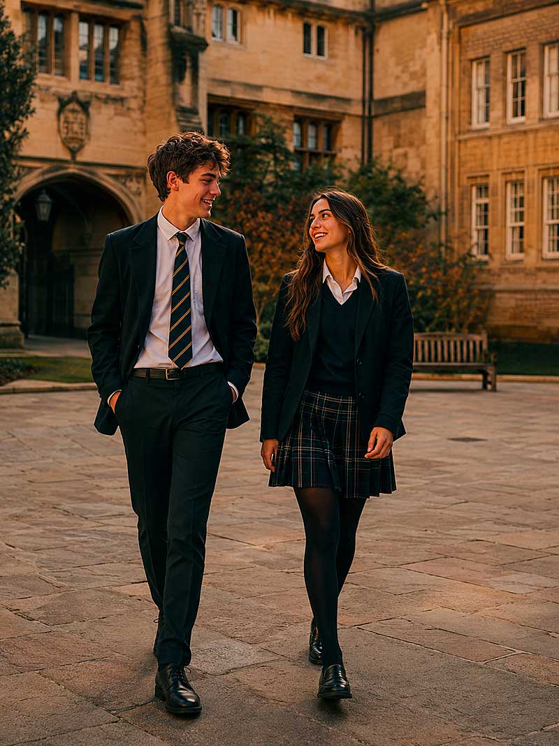 Due studenti in uniforme scolastica camminano e si sorridono in un cortile con edifici storici in pietra e alberi autunnali sullo sfondo.