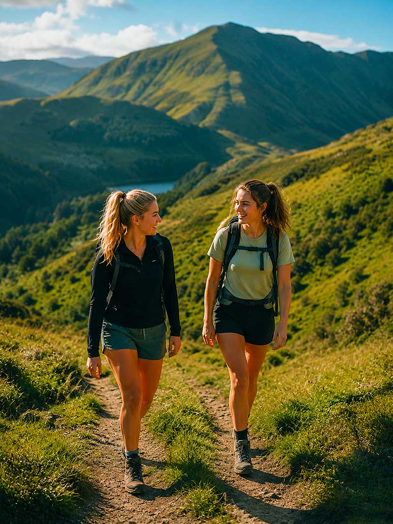 Due donne con la coda di cavallo, con attrezzatura da trekking e zaino in spalla, camminano su un sentiero sterrato tra colline verdi con una montagna sullo sfondo in una giornata di sole.