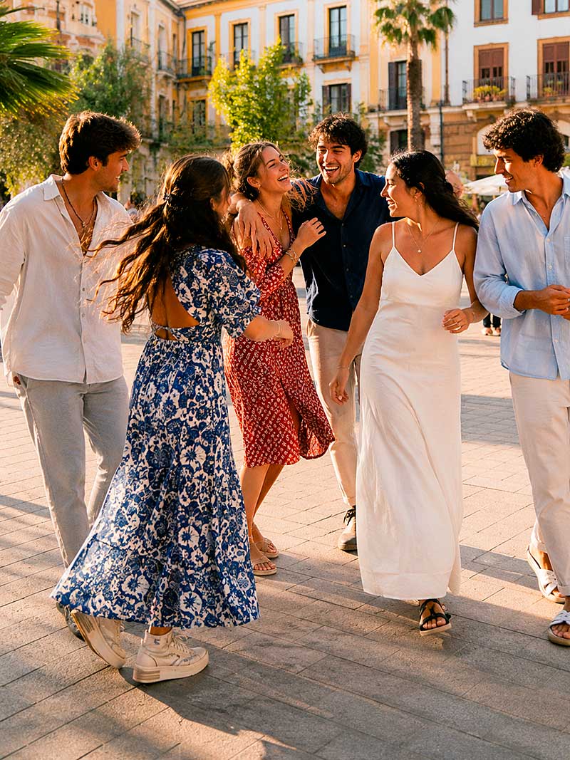 Un gruppo di sei giovani adulti, vestiti con abiti estivi, camminano e ridono insieme all'aperto in una giornata di sole, circondati da edifici e palme.